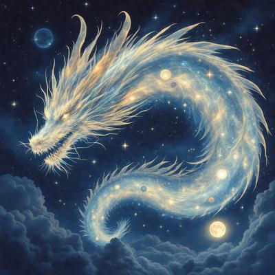 Primary subject: A dragon with a long tail and a mouth full of teeth.

Setting/background: The dragon is in a dark, star-filled sky.

Visual style: The image is a digital art or illustration.

Colors and mood: The dragon is predominantly white, and the overall atmosphere is mysterious and captivating.